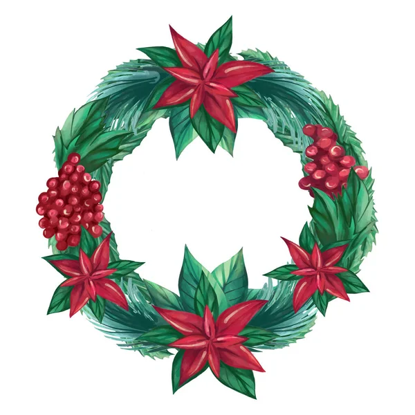 Elegante ronde kerstkrans gemaakt van cranberrybessen, twijgen en Poinsettia bloemen. Feestelijke aquarelkrans — Stockvector