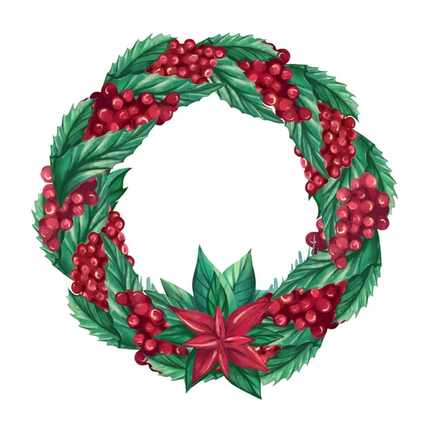 Decoratieve ronde kerstkrans gemaakt van veenbessen, Holly bladeren, twijgen, Poinsettia bloemen — Stockvector