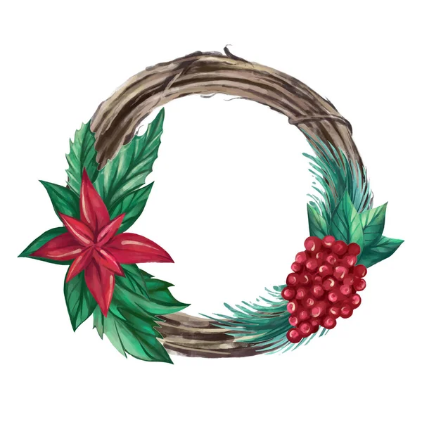 Corona de Navidad acuarela con bayas, hojas, flores Poinsettia.Hand-drawn vector illustration — Vector de stock