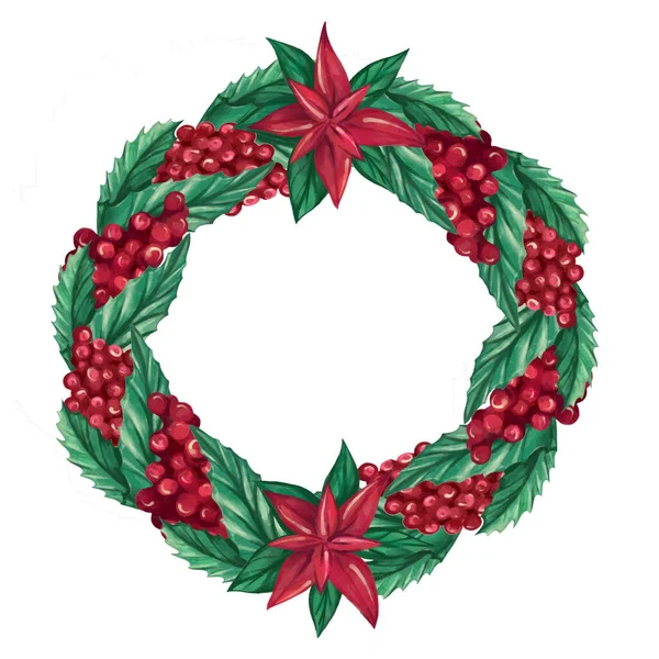 Різдвяний акварельний вінок з різдвяним декором. Ботанічний вінок з листям, ягодами, квітами. Святковий вінок — стоковий вектор