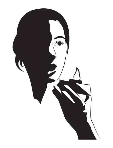 Girl Holding Candle Black White Vector Illustration — Stock Vector