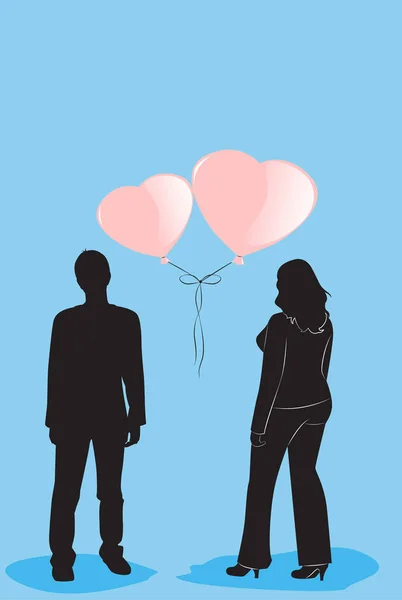 Schwarze Silhouetten Mann Und Frau Auf Blauem Hintergrund Und Luftballons — Stockvektor