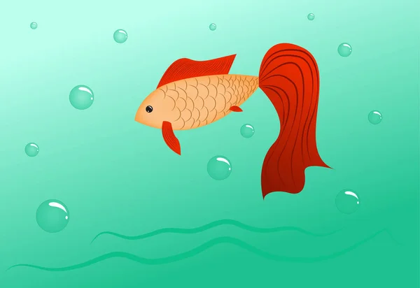 Kreslená Ryba Červenými Ploutvemi Vodě Bublinkami Vektorové Ilustrace — Stockový vektor