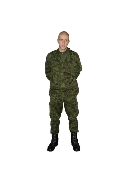 Jovem Soldado Camuflagem Isolado Branco — Fotografia de Stock