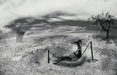 Muhteşem yaratık çölde oturur ve tek bir binaya görünüyor