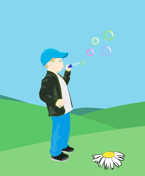 Little Boy Lawn Blows Soap Bubbles Cartoon Vector Illustration — Stock Vector