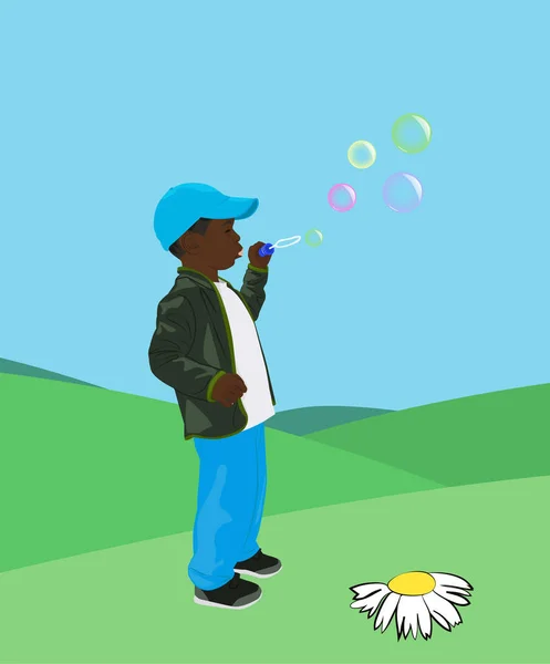 Little Black Boy Blows Soap Bubbles Cartoon Vector Illustration — Stock Vector