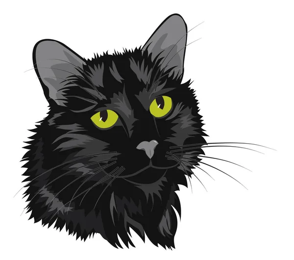 Porträtt Svart Katt Med Gröna Ögon Tecknade Vektorillustration — Stock vektor
