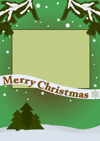 Merry Christmas Card Empty Frame Green Background Snow Fir Trees — Stock Vector