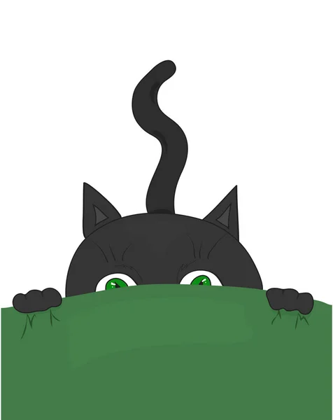 待ち伏せで座っている緑目と黒い猫 漫画のベクトル図 — ストックベクタ