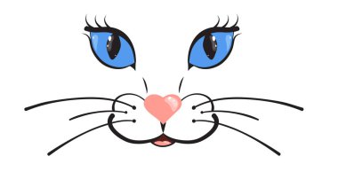 Kedi namlu. Büyük mavi gözleri ve kalp şeklinde pembe burunlu. Çizgi film vektör çizim.