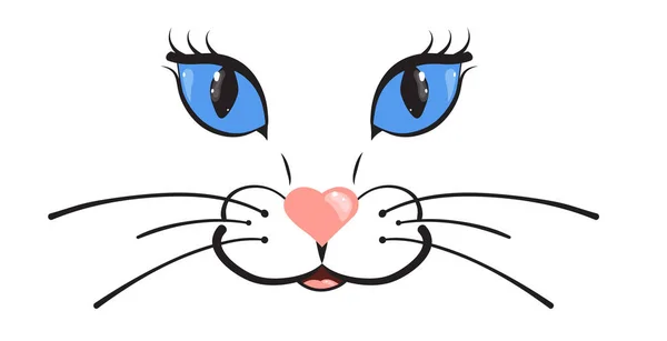 Cat Muzzle Big Blue Eyes Pink Nose Form Heart Cartoon — Stock Vector