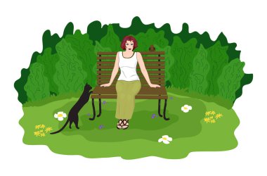 Kırmızı-mor saçlı kız siyah kedi ve kuş yanındaki bir bankta oturuyor. Yaz günü. Vektör çizim