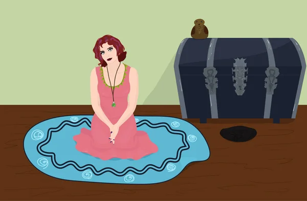 美丽的女孩在珊瑚礼服坐在地毯上 附近是一个鸟坐的大老箱子 向量例证 — 图库矢量图片#