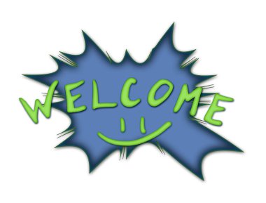 Yeşil word hoş geldiniz ve mavi arka plan gülümseme