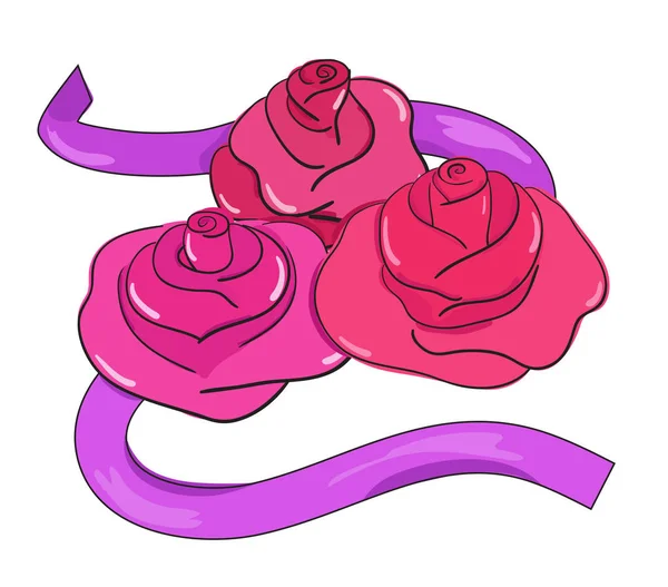 Three Pink Roses Purple Ribbon Vector Illustration — Stock Vector