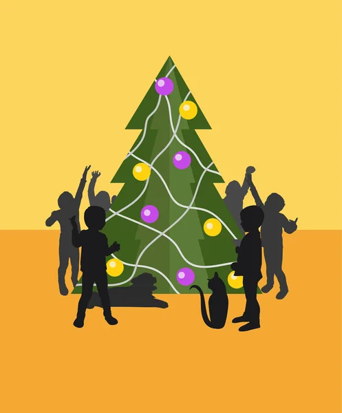Kinder am Weihnachtsbaum — Stockvektor