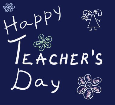 Öğretmenler günün kutlu olsun. Beyaz el, koyu mavi arka plana yazı yazmış. Vektör illüstrasyonu