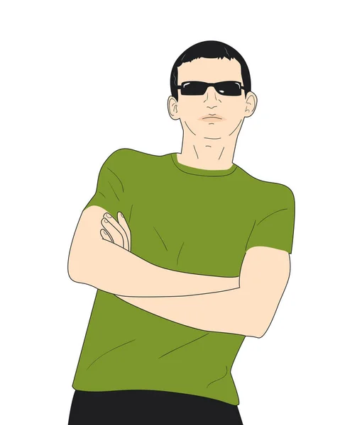 Cool Young Guy Sunglasses Stands His Arms Crossed Chest Vector — Stock Vector