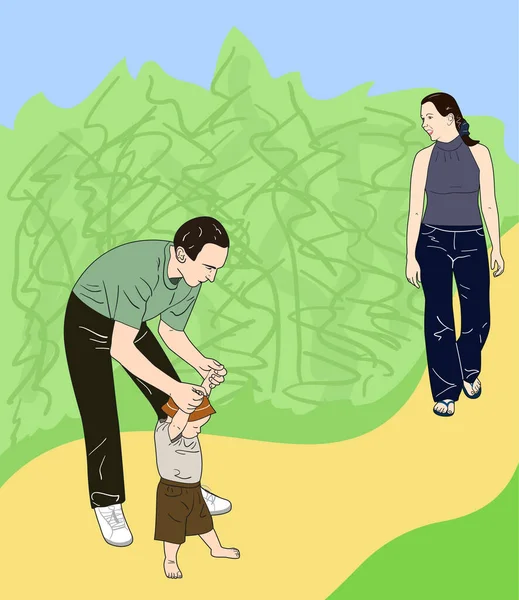 Família Com Uma Criança Pai Ensina Miúdo Andar Ilustração Vetorial — Vetor de Stock