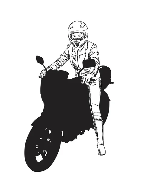 バイクに乗ったバイカーの女の子 スケッチベクトルイラスト — ストックベクタ
