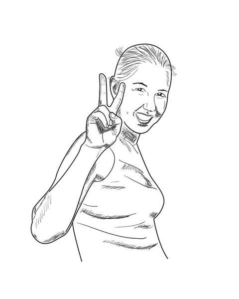 Happy Girl Shows Peace Gesture Vector Illustration Sketch — Stock Vector