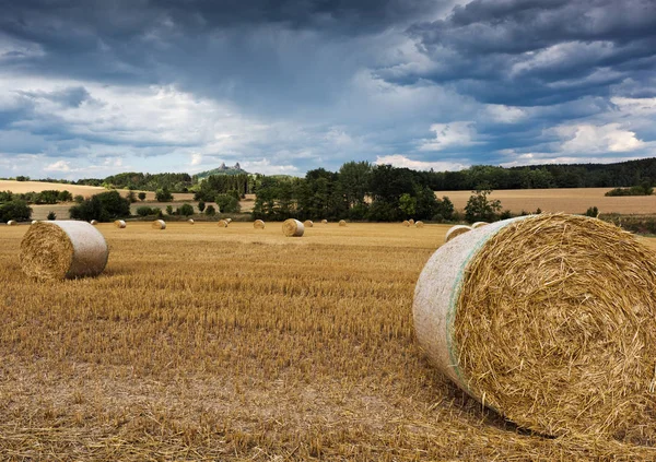 Die Sommerlandschaft Mit Strohballen Auf Dem Feld Und Der Burg — Stockfoto