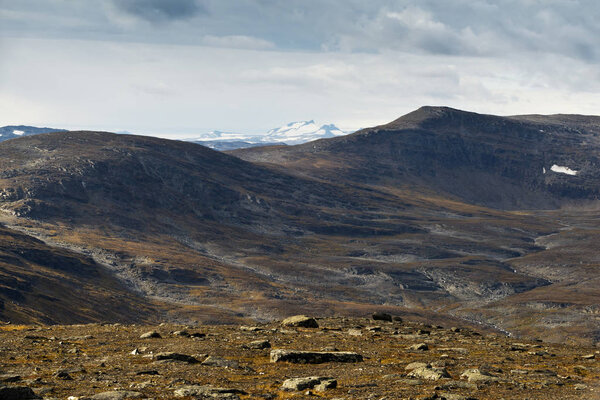 The view of the landscape from the top of Mount Njulla. Northern Sweden