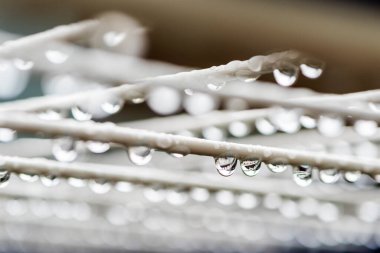 Yağmurlu bir günde çamaşır ipine su damlalarının yakın çekimi