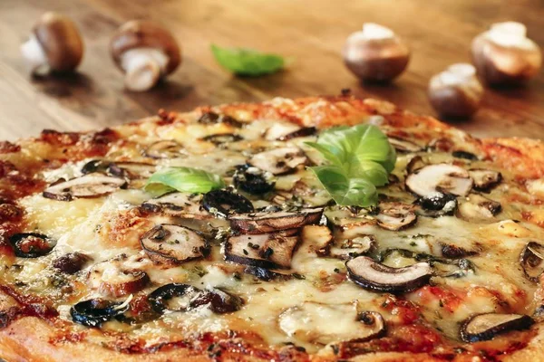 Freshly Baked Pizza Mushrooms Olives Basil — Stock Photo, Image