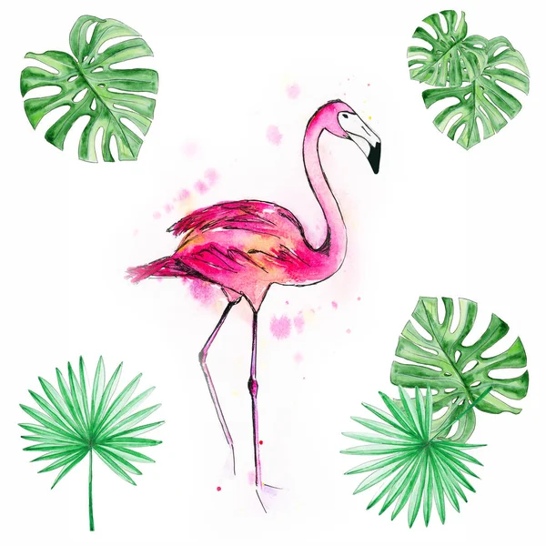 flamingos on one leg and tropical leaves