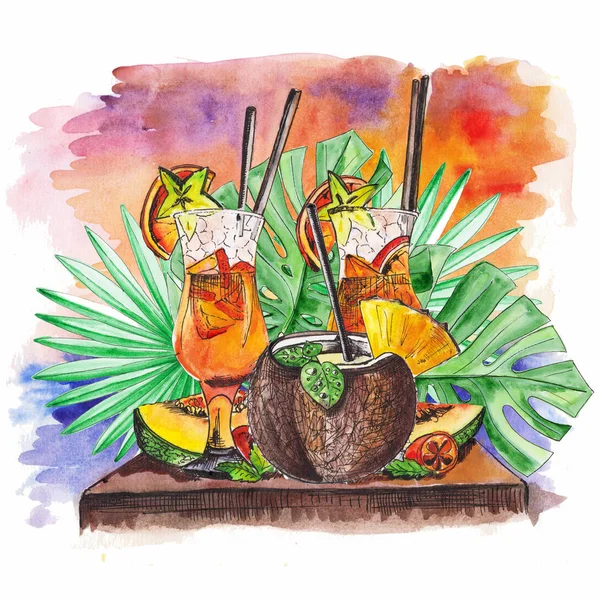 Watercolor drawing of a sunset tropical cocktail