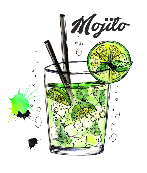 Watercolor drawing cocktail mojito