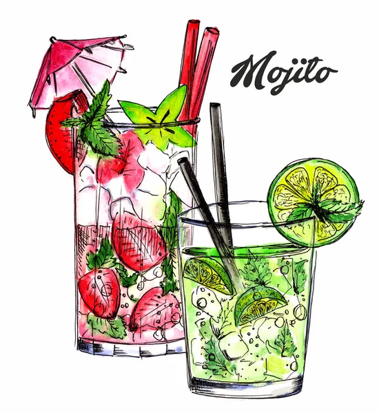 Watercolor drawing Cocktail Classic and Strawberry Mojito