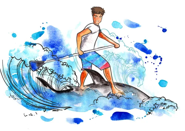 Watercolor drawing SUP surfing surfer on a shark