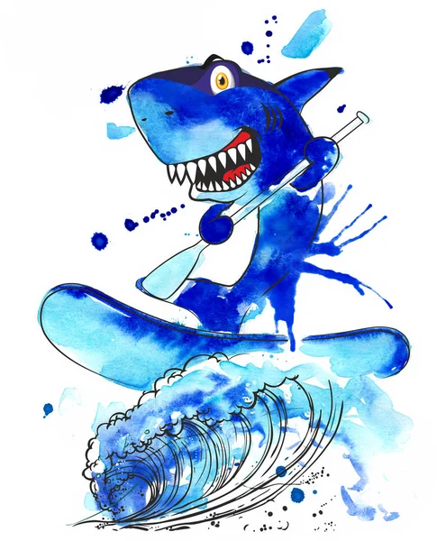 Watercolor drawing SUP surfing shark on the blackboard