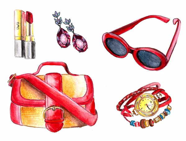 fashion collection. Lipstick earrings handbag eyewear watches watercolor drawing