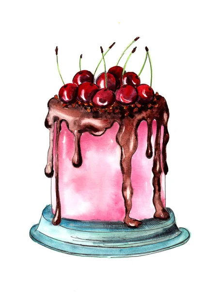 cake with cherry and chocolate watercolor drawing