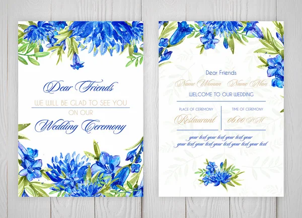 wedding invitation cards with blue watercolor flowers