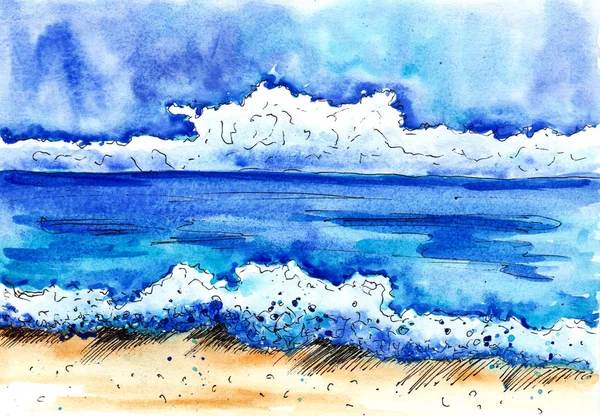 seashore waves watercolor drawing