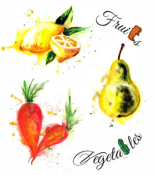 Vegetables and fruits watercolor drawing. Pear, lemon, carrot.