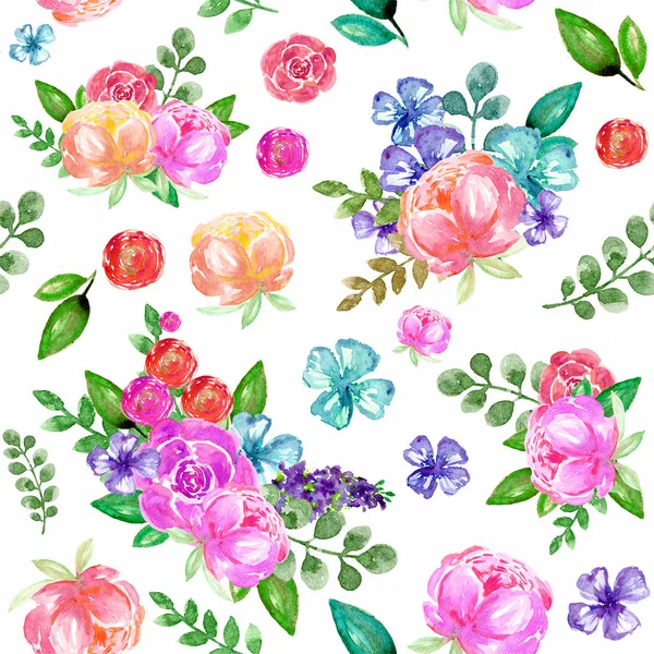 Flowers seamless pattern. Watercolor drawing, botanical element.