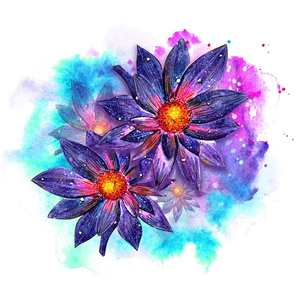Purple flower in stains of paint, watercolor drawing