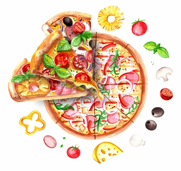 Watercolor drawing whole pizza and 3 slices of pizza of different types. Pizza ingredients.