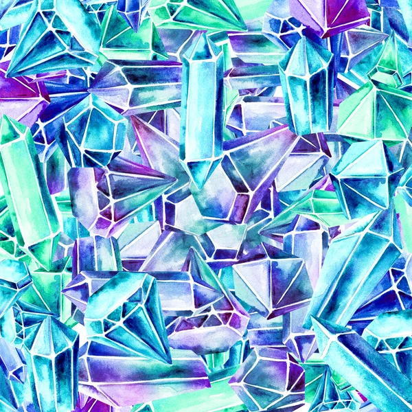 Background from many precious stones. Crystals watercolor drawing. Geometric shapes.