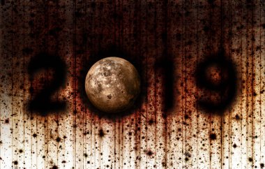 Yıl 2019 ve ayın karanlık gölgeler, kırmızı ve sarı bir grunge tarzı sunulan.