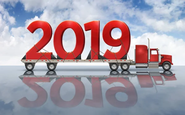 3D illustration of the year 2019 on a flatbed truck set on a reflective surface with a sky background.