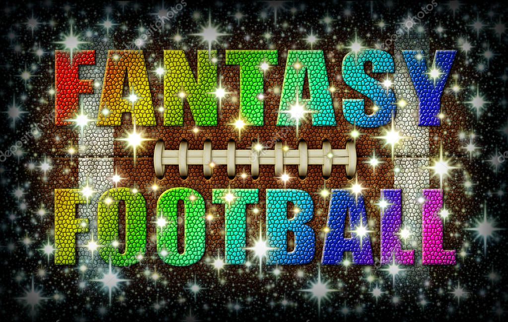 The words Fantasy Football created in rainbow colors on top of a Star Covered flattened Football. 3D Illustration