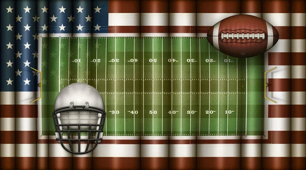 American Football Field, Bandiera degli Stati Uniti, Ball and Helmet Composite mbH the — Foto Stock