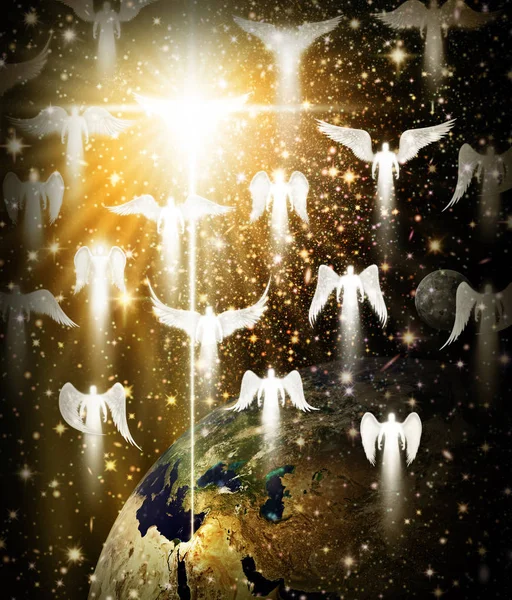 Безліч ангелів і зірок над землею і Віфлеєм Стокова Картинка